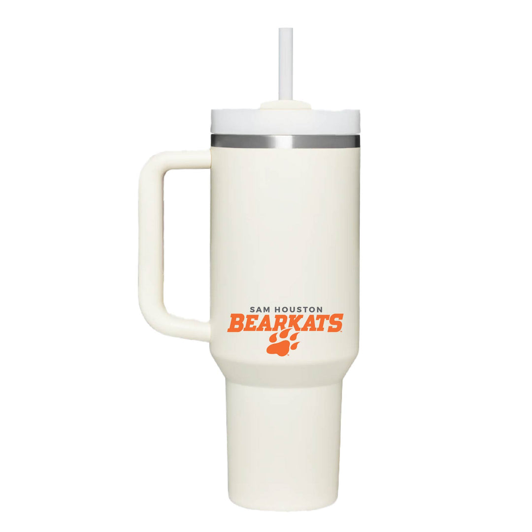 This is a stainless steel insulated cup with a handle and a lid. It features the Sam Houston Bearkats Paw logo. This cup is cream.
