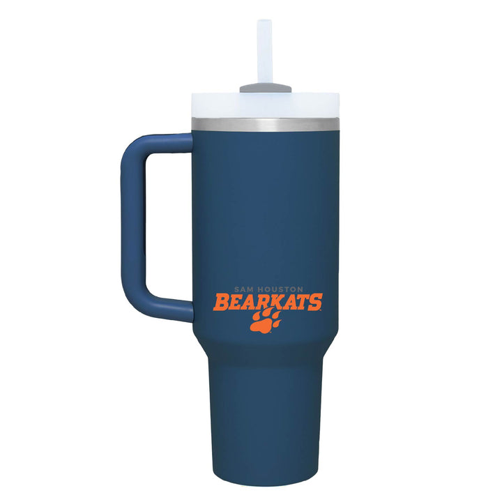 This is a stainless steel insulated cup with a handle and a lid. It features the Sam Houston Bearkats Paw logo. This cup is denim.