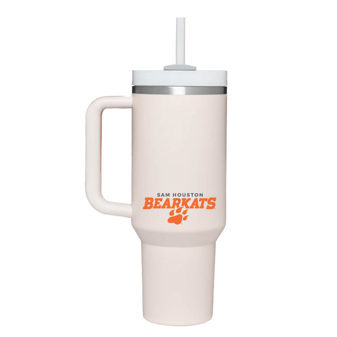 This is a stainless steel insulated cup with a handle and a lid. It features the Sam Houston Bearkats Paw logo. This cup is rose-quartz.