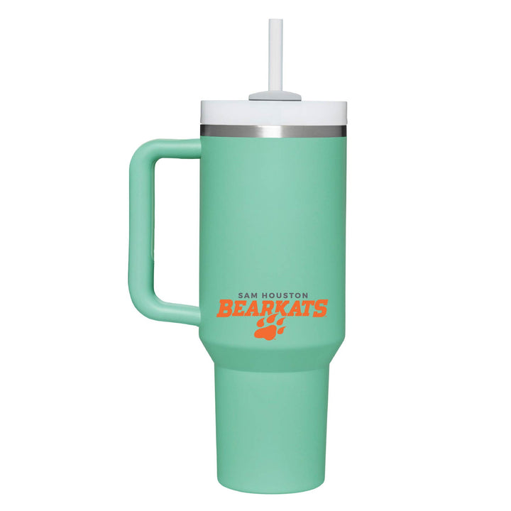 This is a stainless steel insulated cup with a handle and a lid. It features the Sam Houston Bearkats Paw logo. This cup is teal.