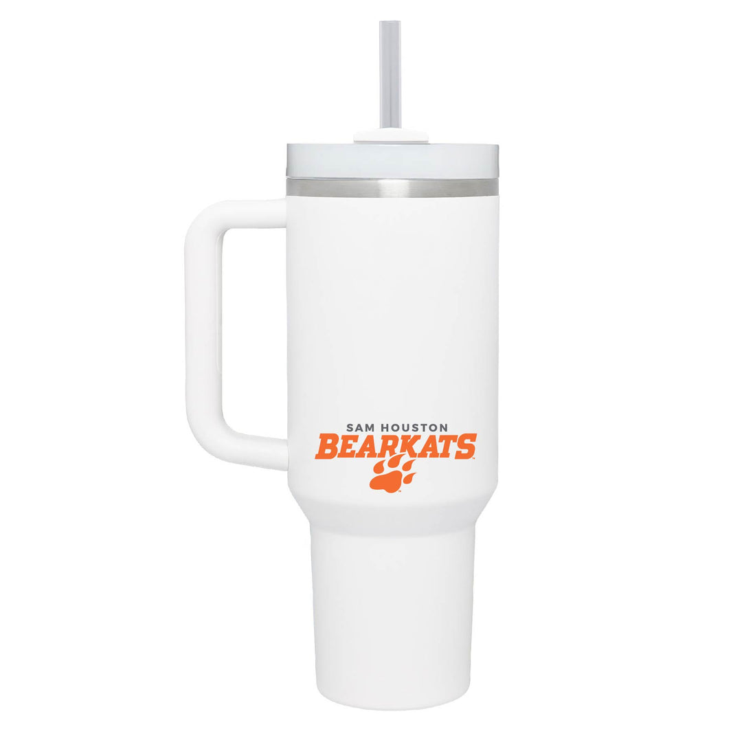 This is a stainless steel insulated cup with a handle and a lid. It features the Sam Houston Bearkats Paw logo. This cup is white.