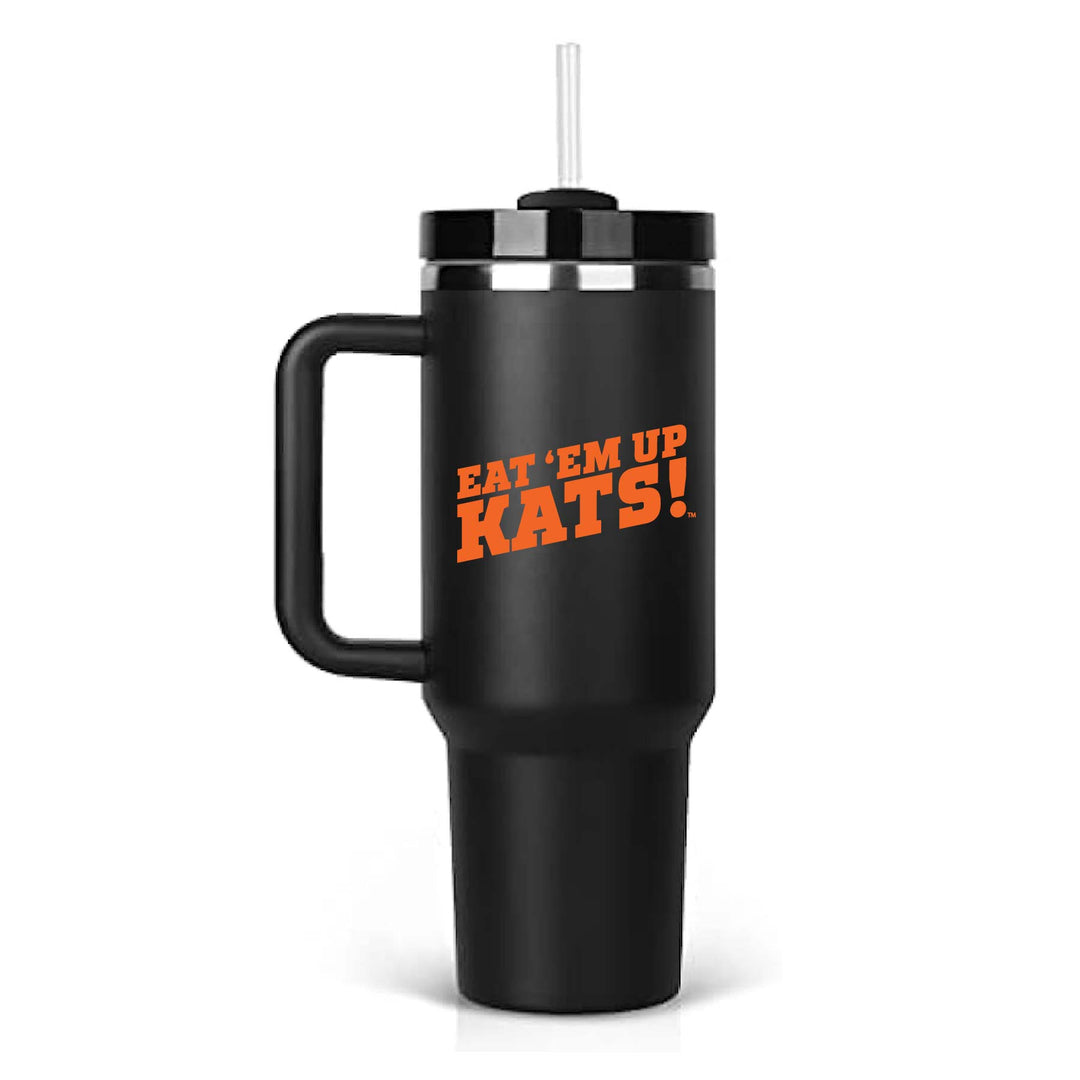 This is a stainless steel insulated cup with a handle and a lid. It features the Sam Houston State University Eat 'Em Up Kats logo. This cup is black.