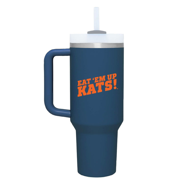 This is a stainless steel insulated cup with a handle and a lid. It features the Sam Houston State University Eat 'Em Up Kats logo. This cup is denim. 