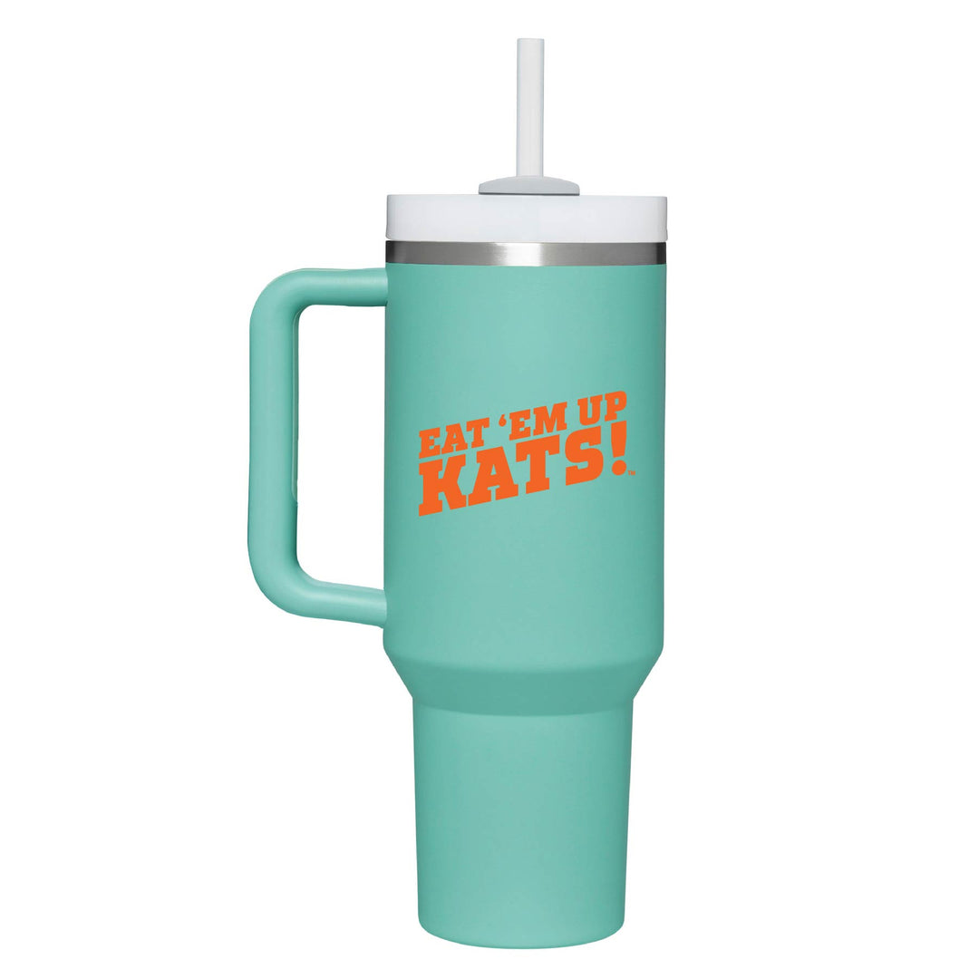 This is a stainless steel insulated cup with a handle and a lid. It features the Sam Houston State University Eat 'Em Up Kats logo. This cup is eucalyptus.