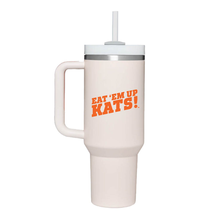 This is a stainless steel insulated cup with a handle and a lid. It features the Sam Houston State University Eat 'Em Up Kats logo. This cup is rose-quartz.
