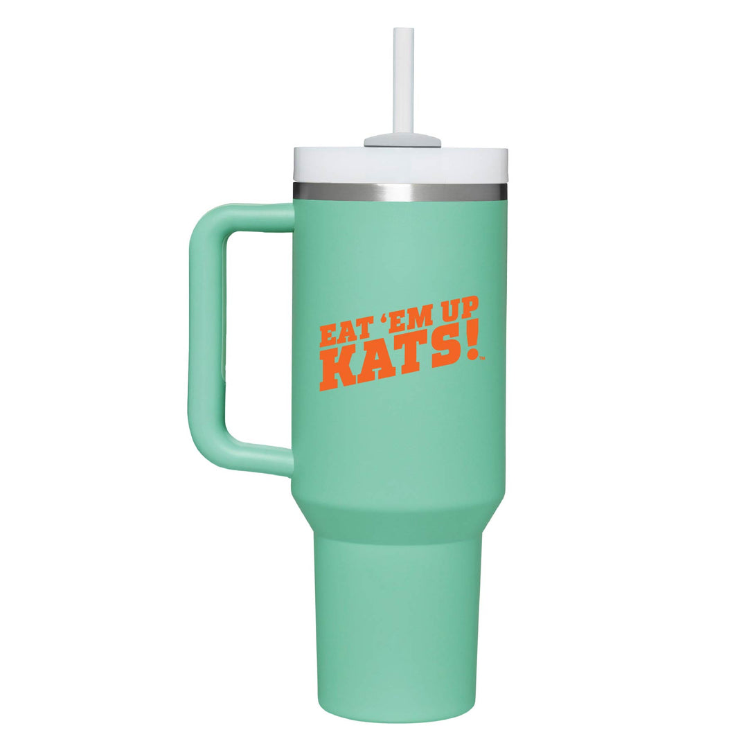 This is a stainless steel insulated cup with a handle and a lid. It features the Sam Houston State University Eat 'Em Up Kats logo. This cup is teal.