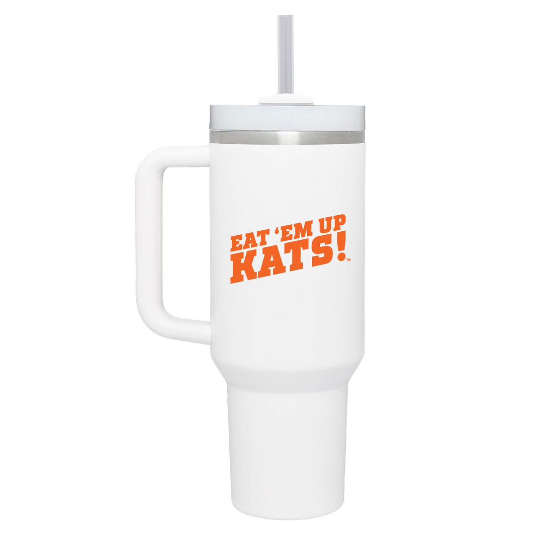 This is a stainless steel insulated cup with a handle and a lid. It features the Sam Houston State University Eat 'Em Up Kats logo. This cup is white.