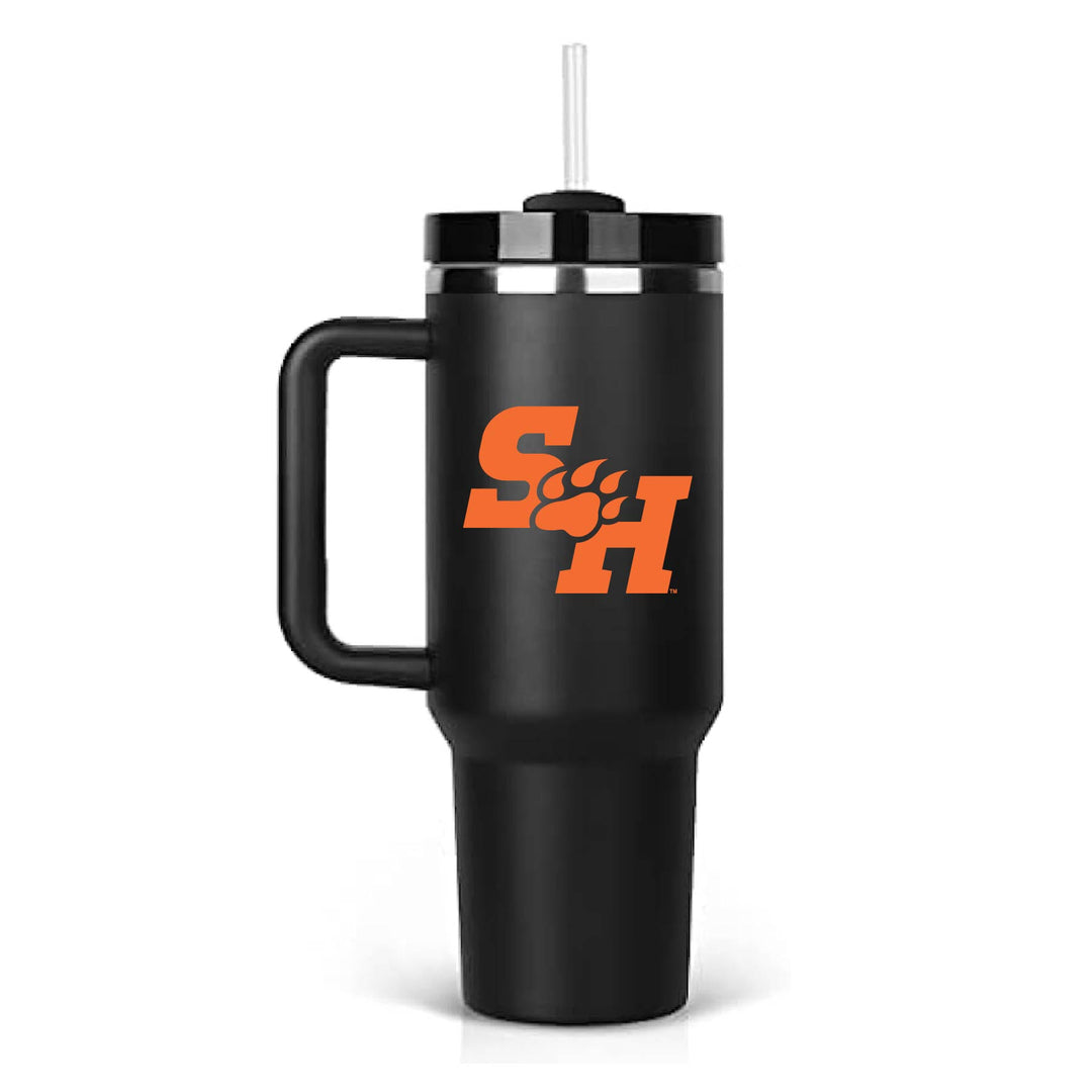 This is a stainless steel insulated cup with a handle and a lid. It features the Sam Houston State University SH Paw logo. This cup is black.