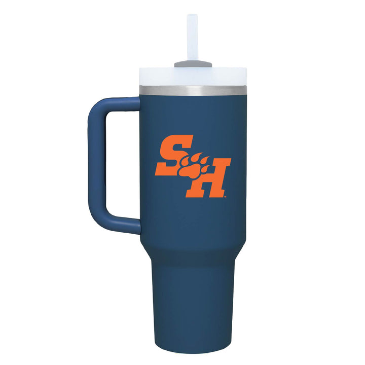 This is a stainless steel insulated cup with a handle and a lid. It features the Sam Houston State University SH Paw logo. This cup is denim.
