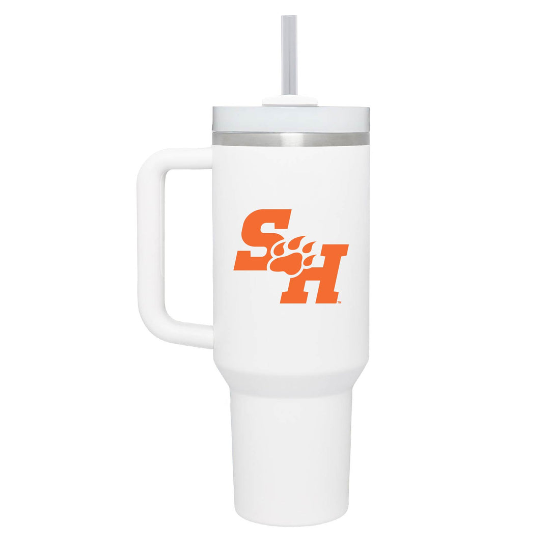 This is a stainless steel insulated cup with a handle and a lid. It features the Sam Houston State University SH Paw logo. This cup is white. 
