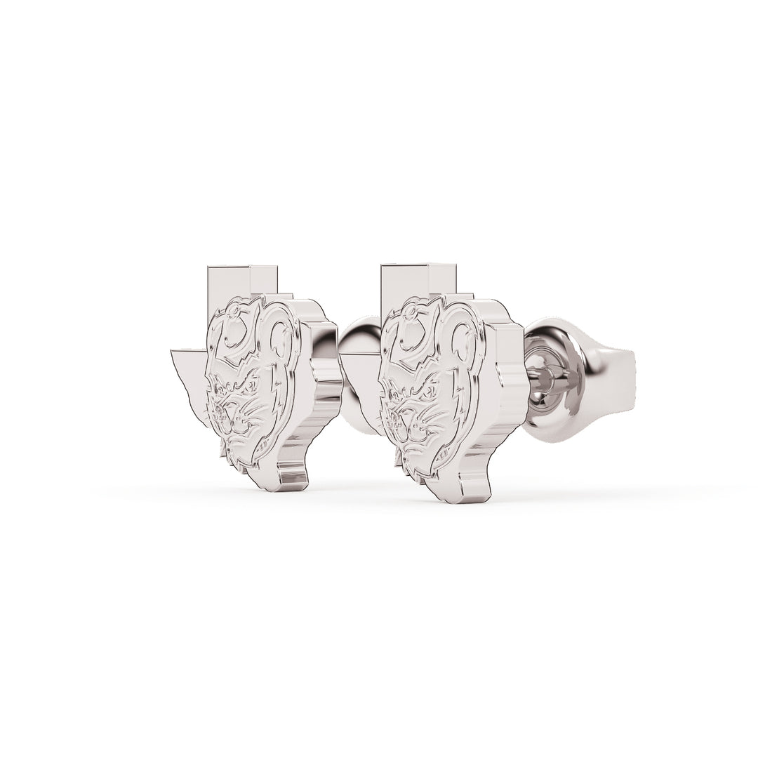 These are Sam Houston State University stud earrings featuring Sammys head inside the state of Texas. Made in white stainless view 2