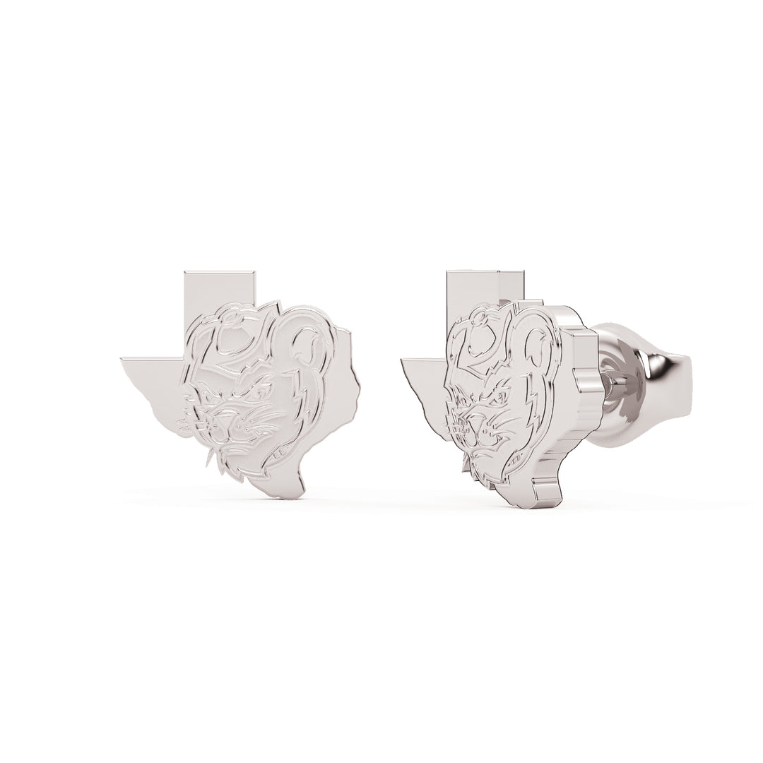 These are Sam Houston State University stud earrings featuring Sammys head inside the state of Texas. Made in white stainless view 1.