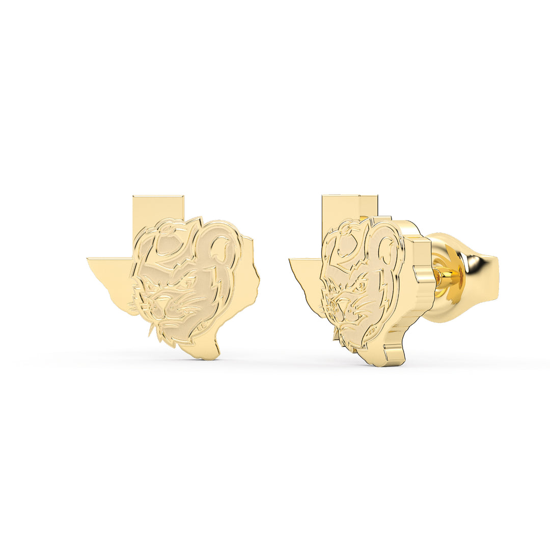 These are Sam Houston State University stud earrings featuring Sammys head inside the state of Texas. Made in yellow stainless view 1.