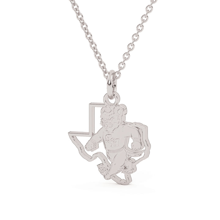 This is a Sam Houston State University pendant of Walking Sammy in the State of Texas made in white stainless steel. 