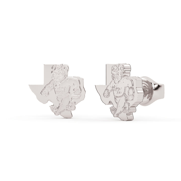 This is a stud earring for Sam Houston State University. It features Walking Sammy tucked into the State of Texas. Made in white stainless steel view 1.