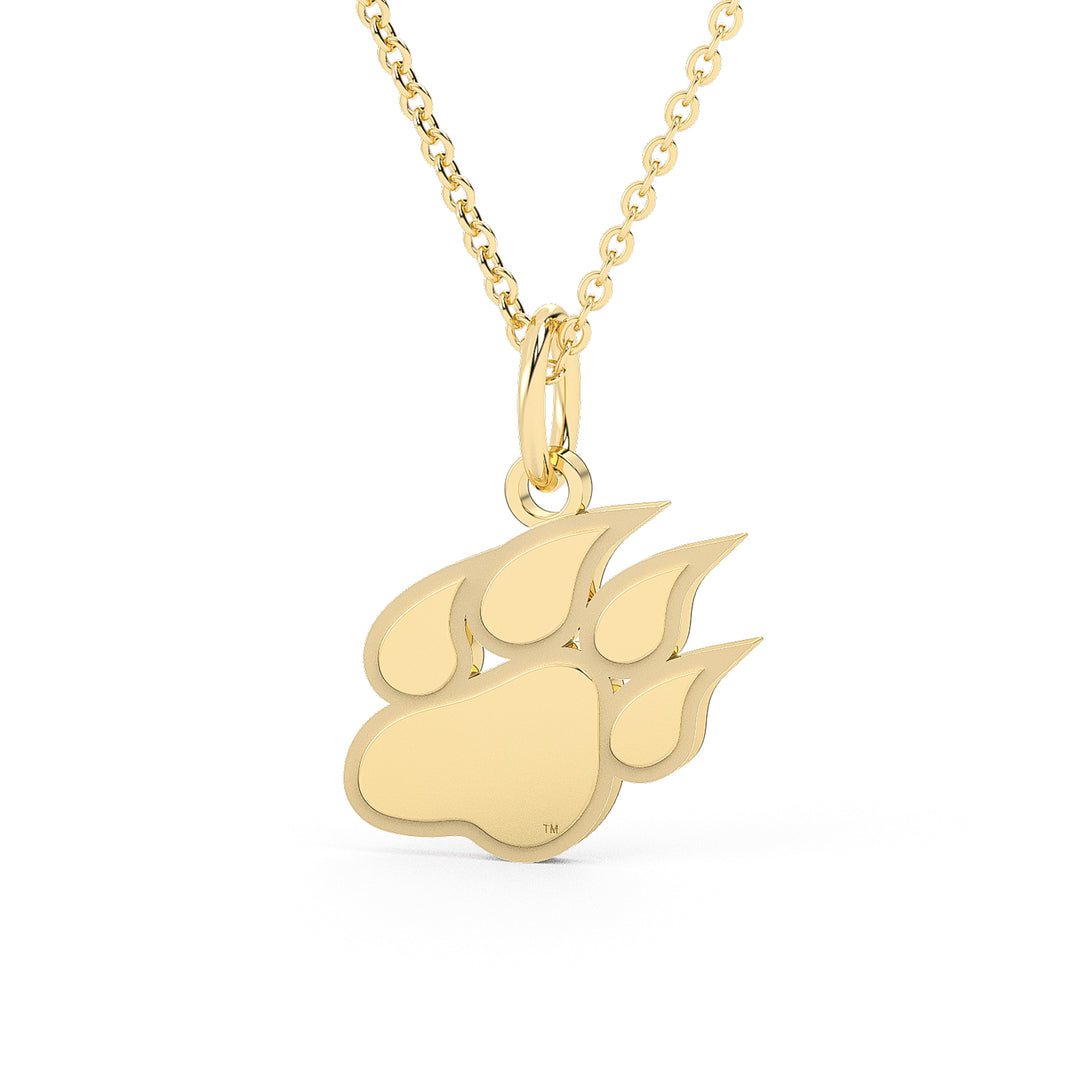 This is a Sam Houston State University pendant featuring the Bearkat Paw logo in yellow stainless steel. 
