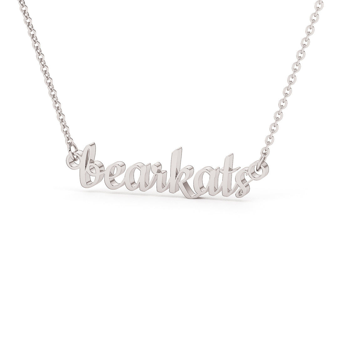This is a Sam Houston state University necklace featuring the word bearkats in a script font. Made in white stainless steel. 