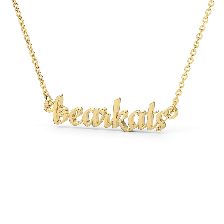This is a Sam Houston state University necklace featuring the word bearkats in a script font. Made in yellow stainless steel. 