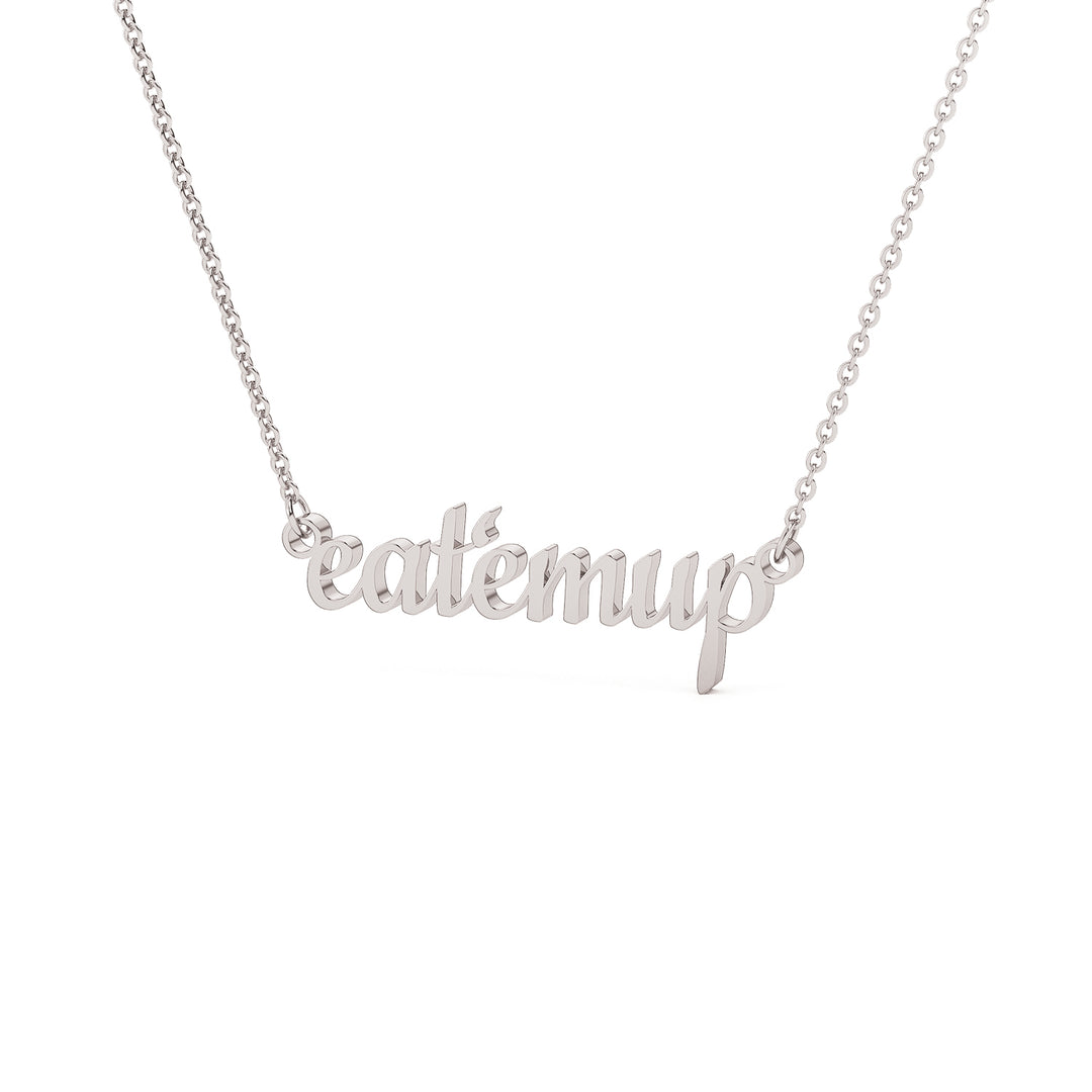 This is a Sam Houston state University necklace featuring the words Eat 'Em Up in a script font. Made in white stainless steel. 