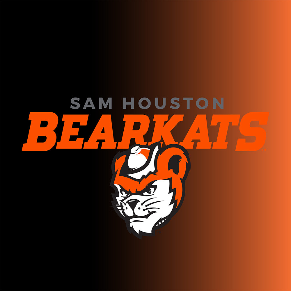 Web page banner with the Sam Houston Bearkats logo on a gradient orange and black background in square format. 
