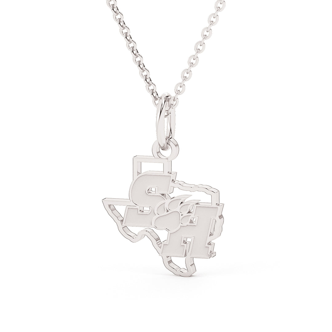 This is a Sam Houston State University pendant featuring the SH Paw logo set into the state of Texas. Made in white stainless steel. 