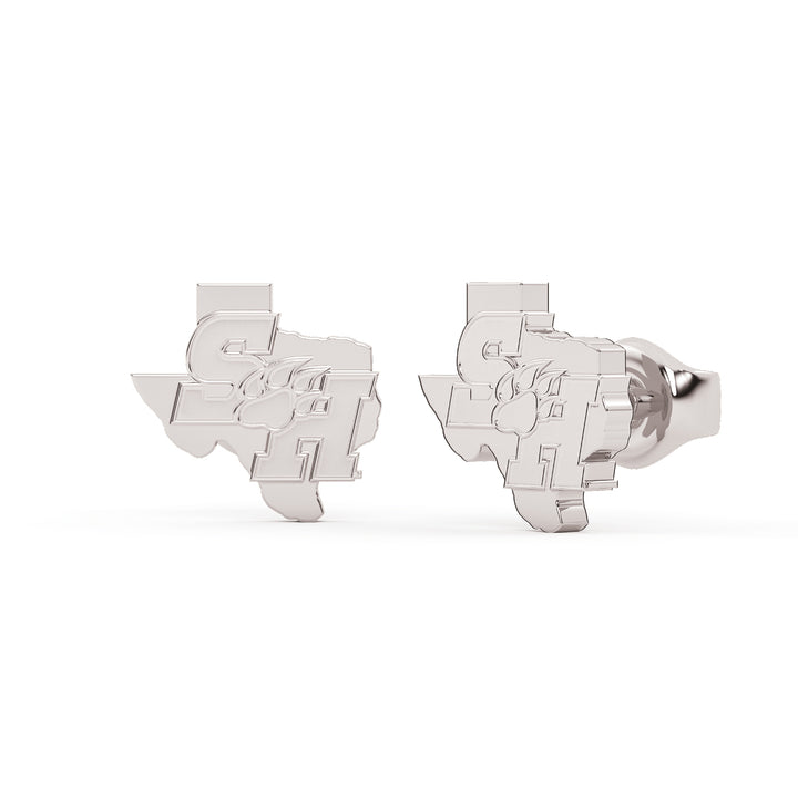 This is a stud earring for Sam Houston State University. It features the SH Paw logo inside the state of Texas. Made in white stainless steel view 1.
