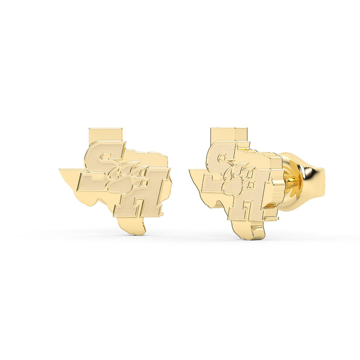 This is a stud earring for Sam Houston State University. It features the SH Paw logo inside the state of Texas. Made in yellow stainless steel view 1.