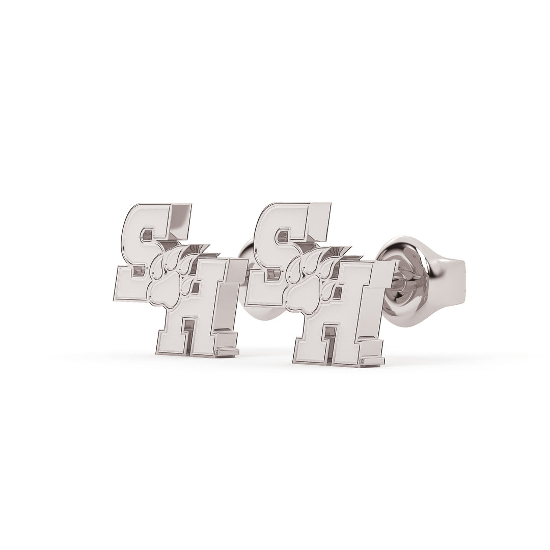 These are stud earring for Sam Houston State University. They feature the SH Paw logo made in white stainless. View 2.