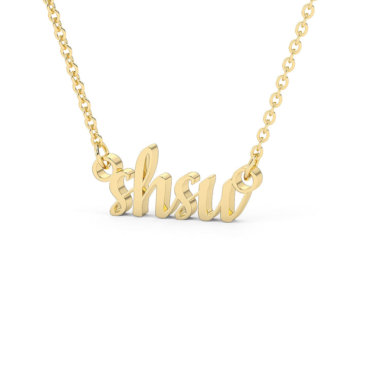 This is a Sam Houston State University pendant made from the letters SHSU in a script font. Made in yellow stainless. 
