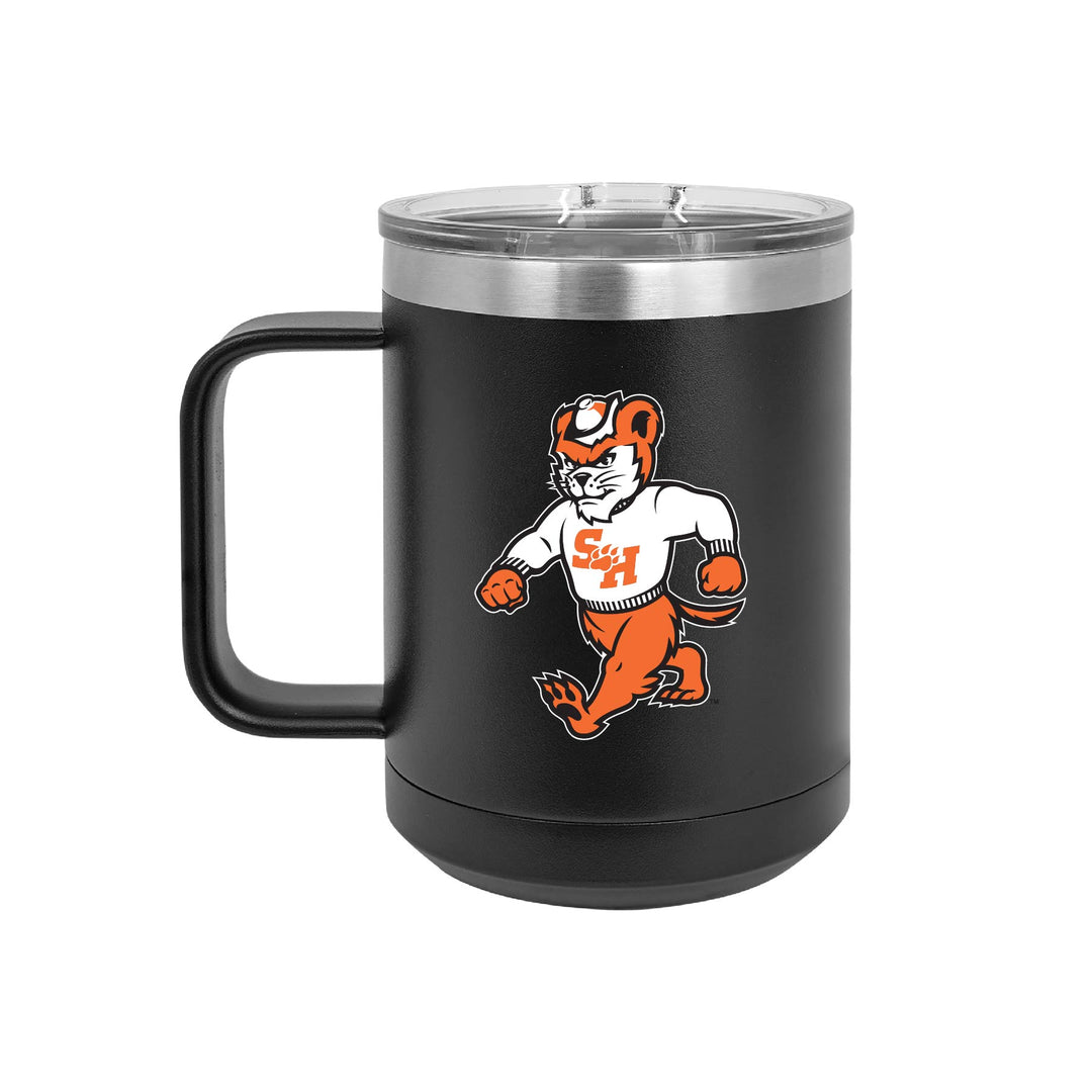 This is a stainless steel insulated coffee cup. It features the Sam Houston Walking Sammy logo. This cup is black.