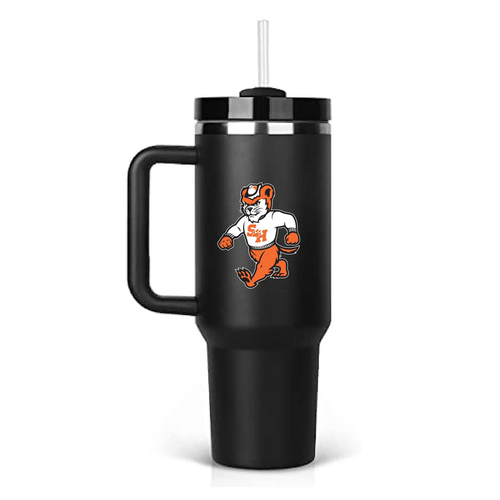 This is a stainless steel vacuum sealed cup with a handle and straw featuring the Walking Sammy logo in black.
