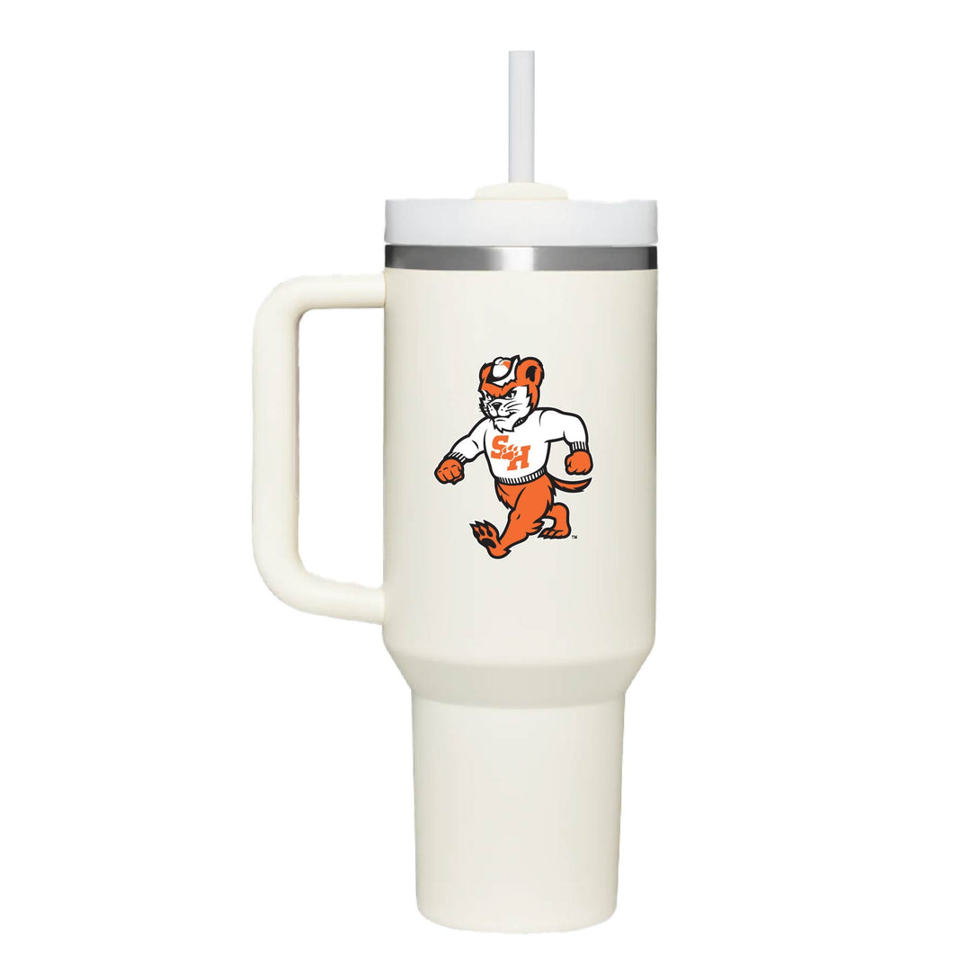 This is a stainless steel vacuum sealed cup with a handle and straw featuring the Walking Sammy logo in cream.