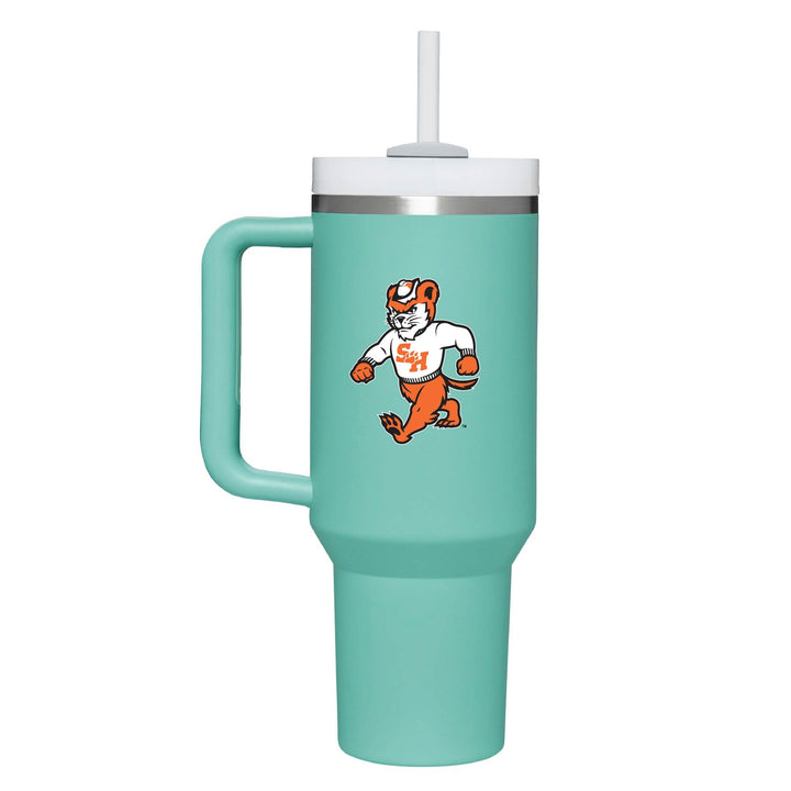 This is a stainless steel vacuum sealed cup with a handle and straw featuring the Walking Sammy logo in eucalyptus.