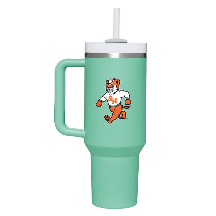 This is a stainless steel vacuum sealed cup with a handle and straw featuring the Walking Sammy logo in teal.
