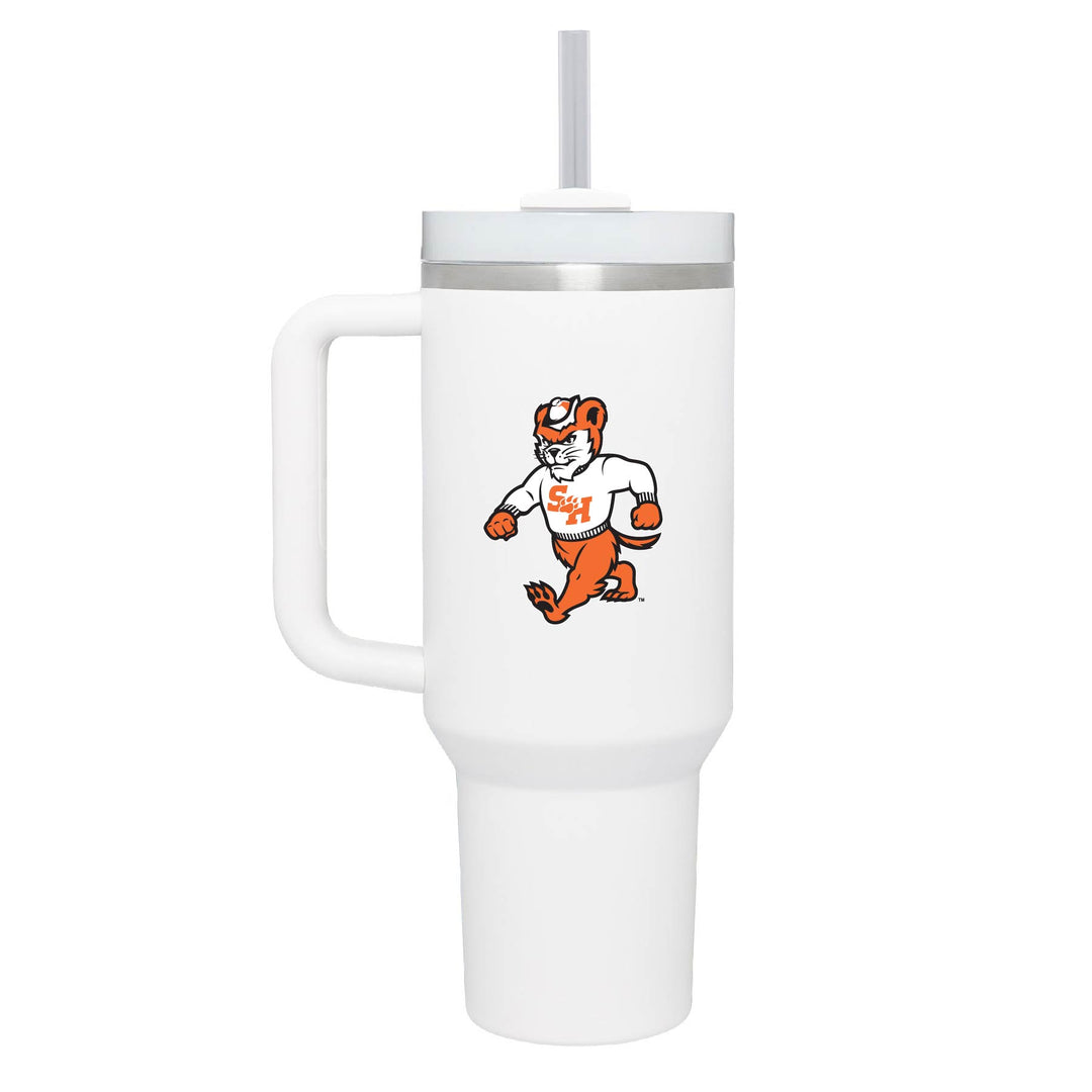 This is a stainless steel vacuum sealed cup with a handle and straw featuring the Walking Sammy logo in white. 