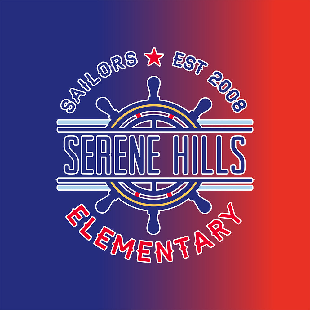 Serene hills elemetary school logo on a red and blue gradient background mobile friendly version. 