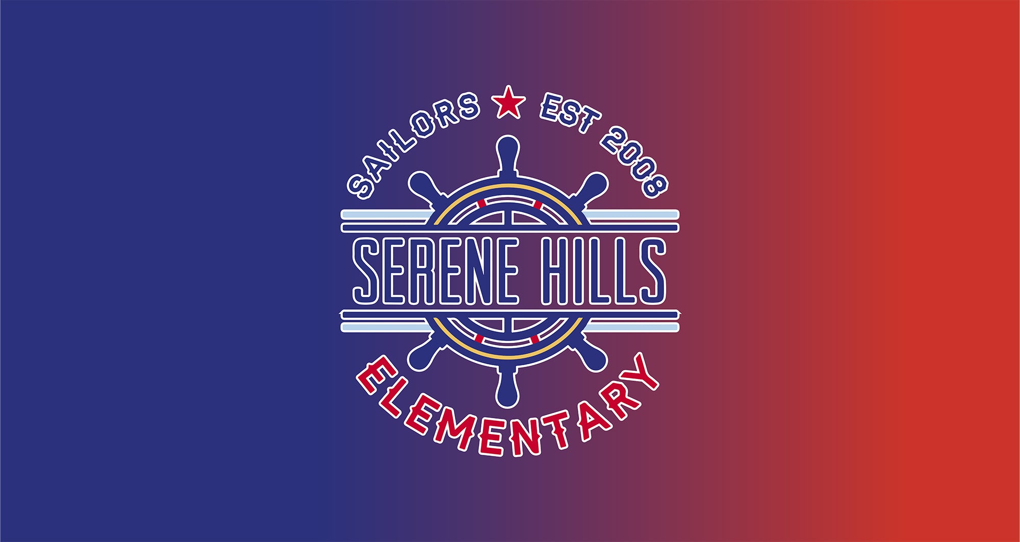 Serene hills elemetary school logo on a red and blue gradient background. 
