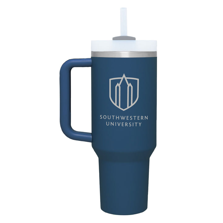 Stainless steel powder coated tumbler with handle in a denim color with the Southwestern University logo engraved on the front. 