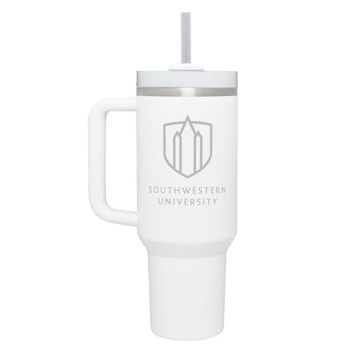 Stainless steel powder coated tumbler with handle in a white color with the Southwestern University logo engraved on the front. 