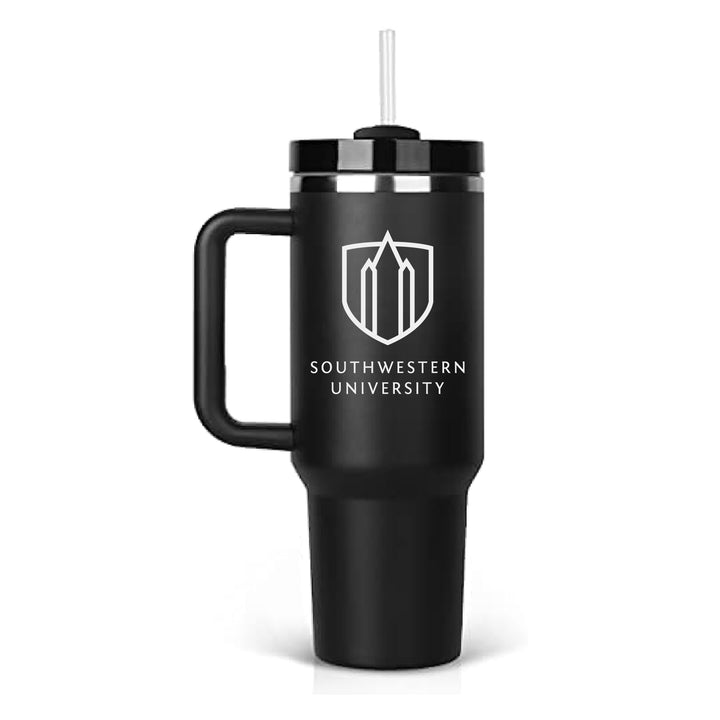This is a black stainless steel tumbler with handle, straw and lid. It has the Southwestern University logo engraved on the front. 