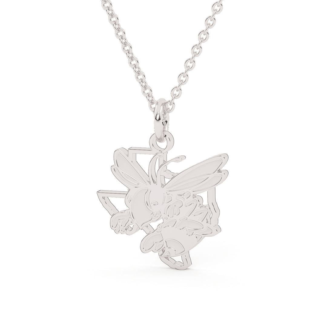 This is a Stephenville ISD Honeybee in Texas pendant made in stainless steel in a white gold color. 