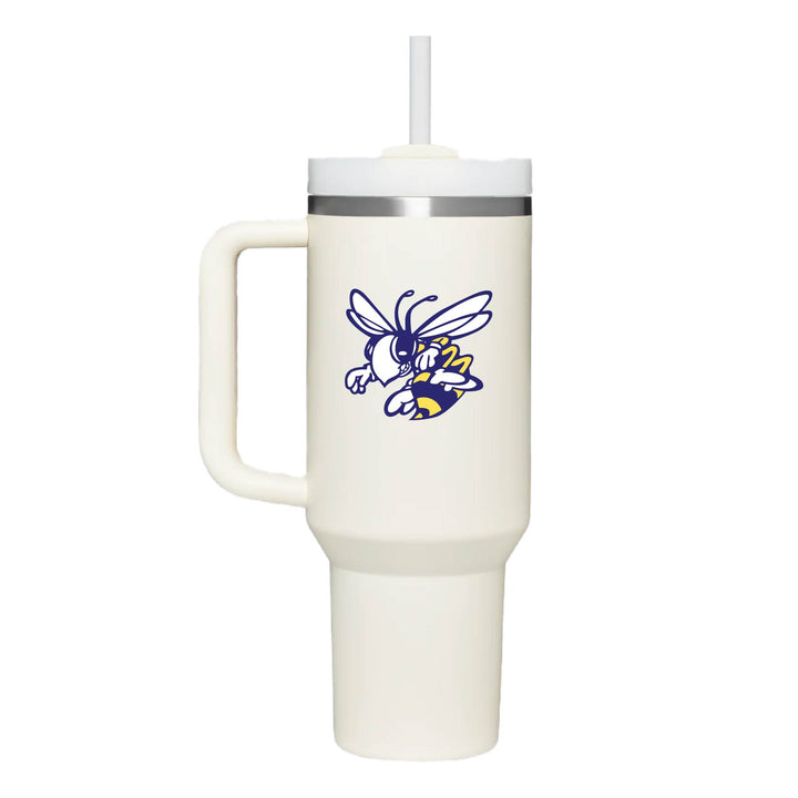 This is an insulated engraved stainless steel tumbler with a handle. The color image is the Stephenville Honeybees logo. The cup is cream in color.