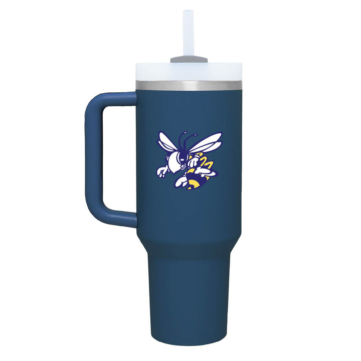 This is an insulated engraved stainless steel tumbler with a handle. The color image is the Stephenville Honeybees logo. The cup is denim in color.