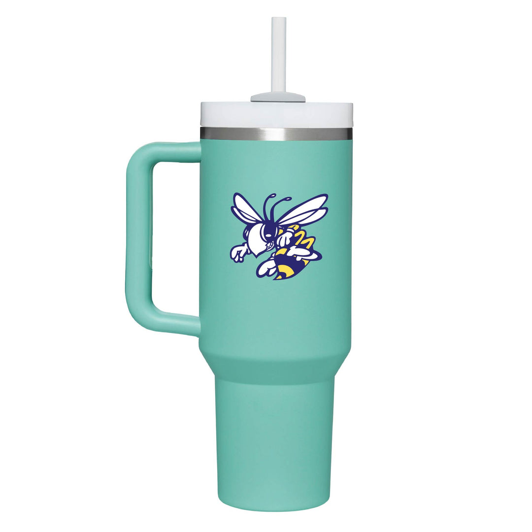 This is an insulated engraved stainless steel tumbler with a handle. The color image is the Stephenville Honeybees logo. The cup is eucalyptus in color.