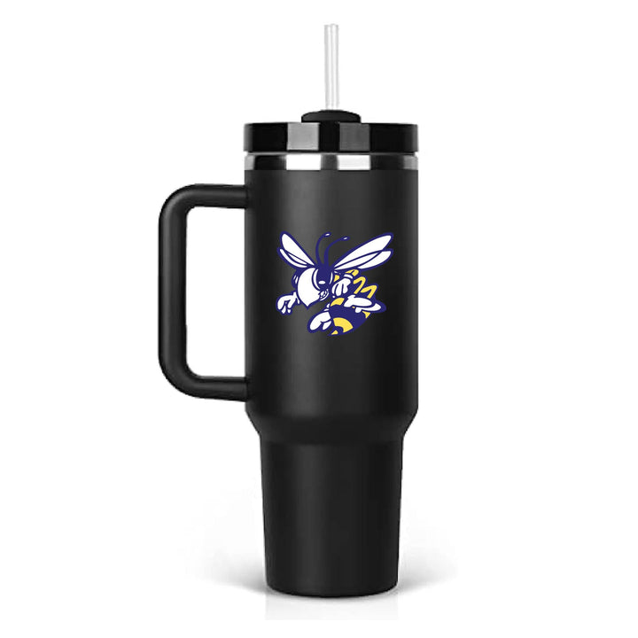 This is an insulated engraved stainless steel tumbler with a handle. The color image is the Stephenville Honeybees logo. The cup is black in color.