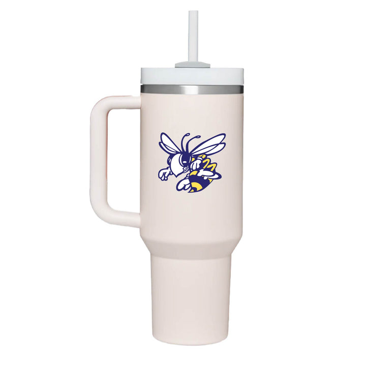 This is an insulated engraved stainless steel tumbler with a handle. The color image is the Stephenville Honeybees logo. The cup is rose quartz in color.