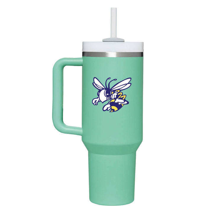 This is an insulated engraved stainless steel tumbler with a handle. The color image is the Stephenville Honeybees logo. The cup is teal in color.
