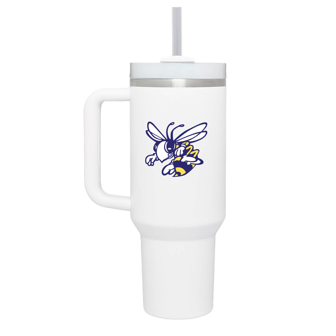 This is an insulated engraved stainless steel tumbler with a handle. The color image is the Stephenville Honeybees logo. The cup is white in color.