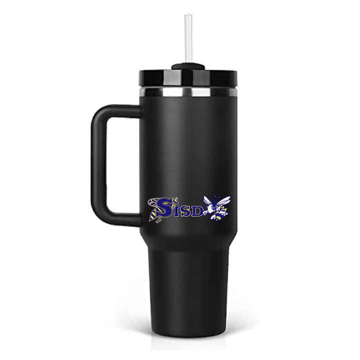 This is an insulated engraved stainless steel tumbler with a handle. The color image is the Stephenville ISD logo. The cup is black in color.
