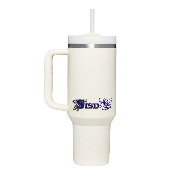 This is an insulated engraved stainless steel tumbler with a handle. The color image is the Stephenville ISD logo. The cup is cream in color.